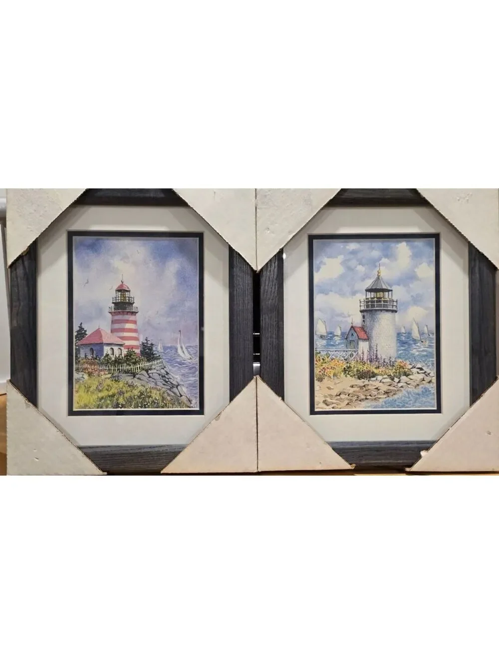Set of 2 Framed Lighthouse Watercolor Prints Nautical Wall Art - 11.75